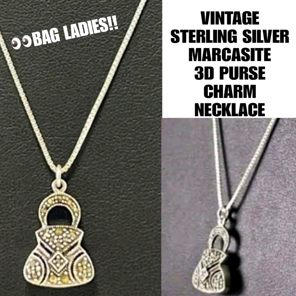 TRUE VINTAGE STERLING SILVER BOX CHAIN W MARCASITE PURSE BAG CHARM Necklace